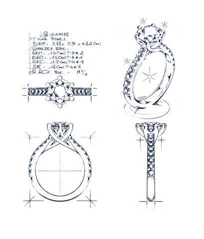 jeweler's sketch: four dimensioned views of a solitaire ring